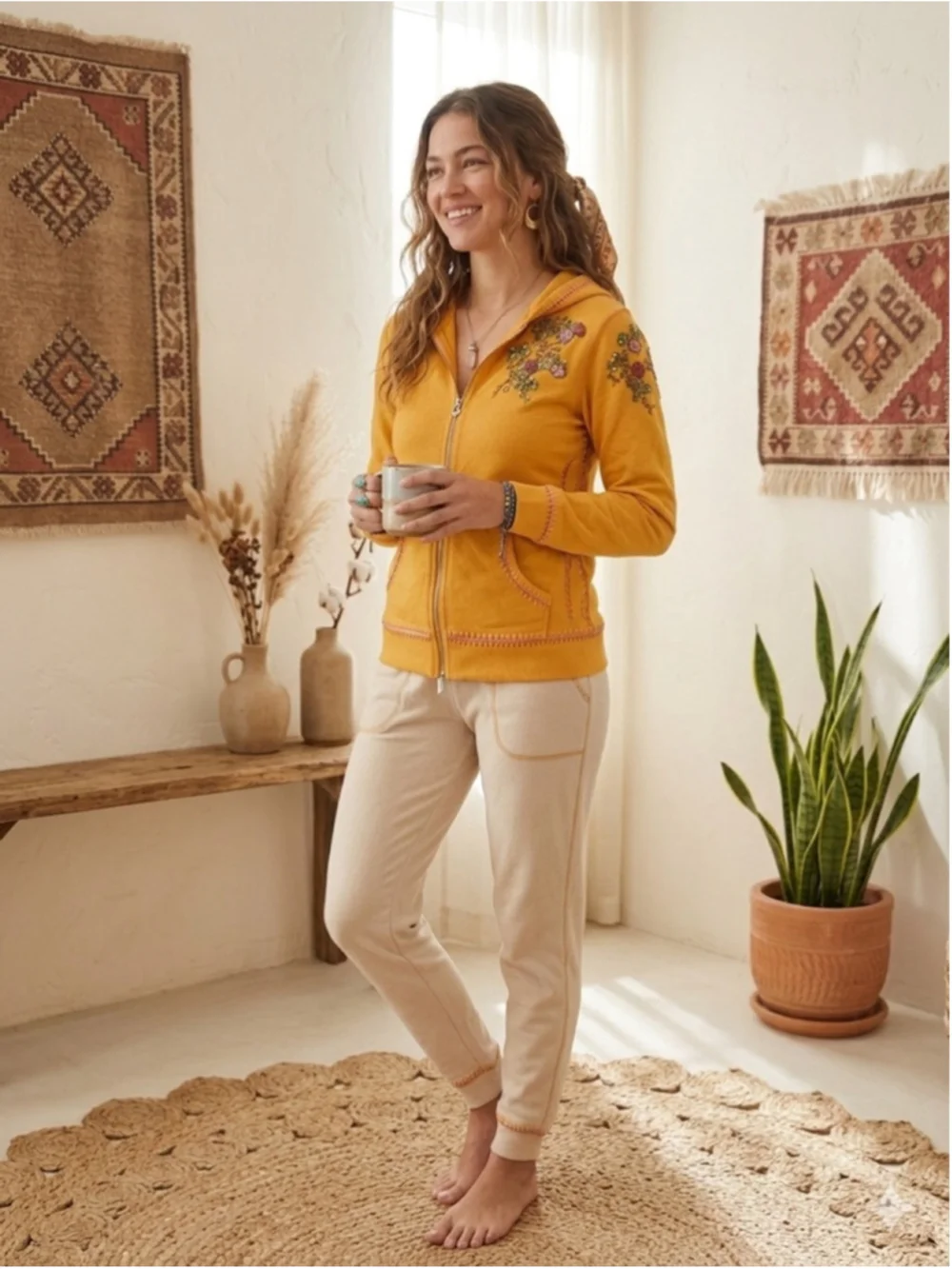 Twisted Heart America Yellow Beaded Embroidered Hoodie Boho Stitch Y2K - Picture 2 of 11